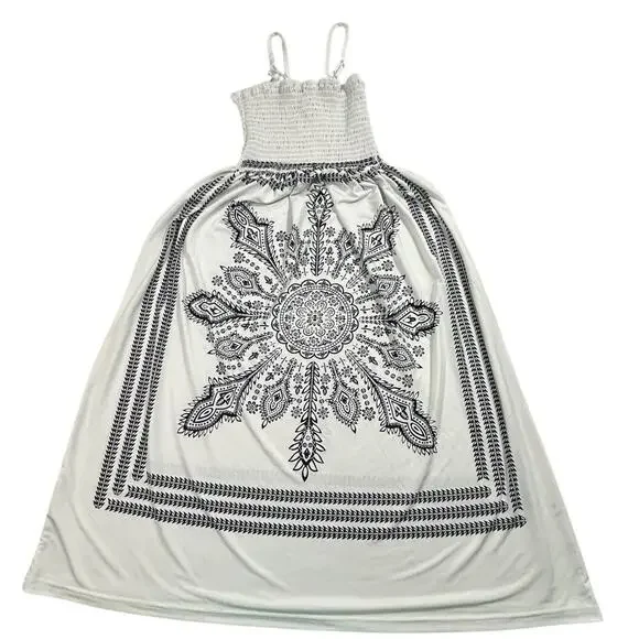 Cristina Love White Smocked Sundress Black Bandana Paisley Mandala Print Medium - Picture 4 of 7